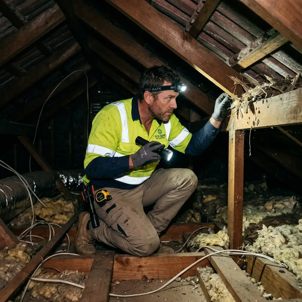 Technician inspecting a roof cavity for a dead animal in Dromana