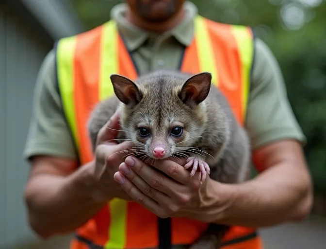 Animal handler safely recovering a deceased possum in Dromana