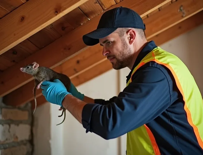 Technician inspecting a roof cavity for a dead rat in Dromana